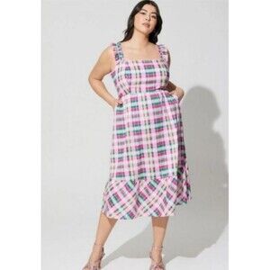 Torrid Plaid Green & Pink Poplin Tiered Ruffle Strap Summer Dress Size 3X